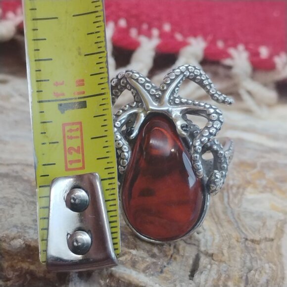 Sterling Silver Amber Octopus Ring Unisex Adjustable Ring Fits as a Size 9 - Picture 5 of 7